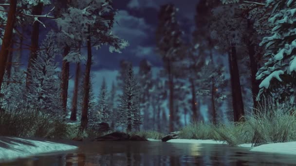 小さな森の川の上を雪に覆われたモミの木の間を飛ぶ超自然的な妖精のホタルの光は 早朝や夕暮れ時に暗い神秘的な冬の森の中で木を覆った 4Kでレンダリングされたファンタジー3Dアニメーション — ストック動画