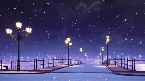 Dreamlike Winter Scenery Empty Bridge Pavement Walkway Lit Street Lanterns — Stock Video