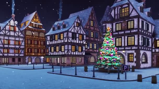 Leere Europäische Stadt Mit Beleuchtetem Weihnachtsbaum Freien Auf Dem Platz — Stockvideo