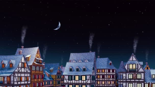 伝統的な半木材のヨーロッパの家の喫煙煙突でタイル張りの屋根は 穏やかな夜に半月で星空に対して古い居心地の良い町で 夢のような風景3Dアニメーション4Kでレンダリング — ストック動画