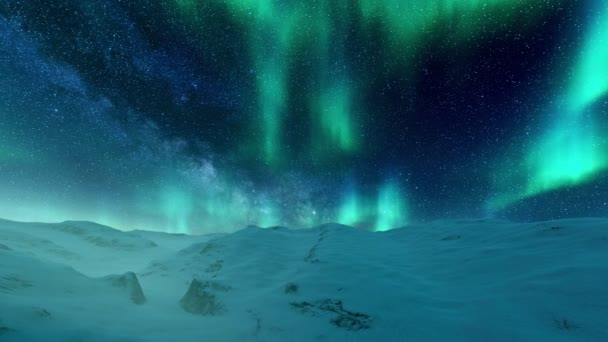 Aurora Boreal Auroras Boreales Destella Cielo Ártico Estrellado Sobre Desierto — Vídeos de Stock