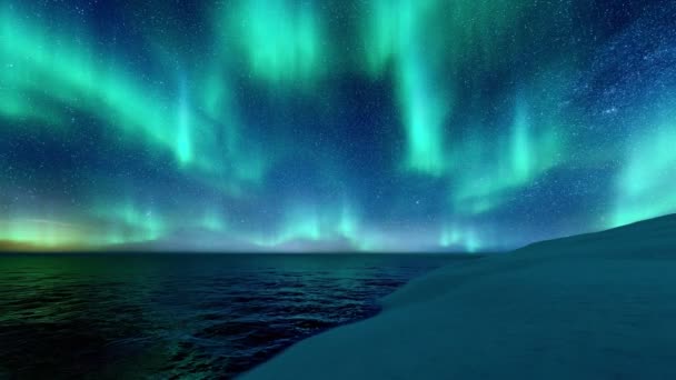 Zimowy Krajobraz Zorzą Polarną Aurora Borealis Miga Gwiaździstym Arktycznym Niebie — Wideo stockowe
