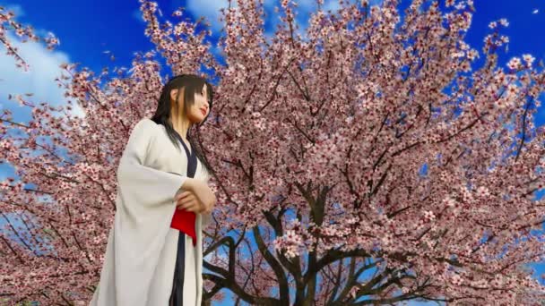満開の桜と春の日のゆっくりとした動きに落ちるピンクの桜の花びらの下で魅力的な日本の着物の女の子 4Kでレンダリングされた低角度ビュー3Dアニメーション — ストック動画