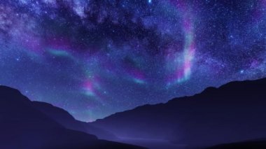 Samanyolu galaksisi yıldızları ve Aurora Borealis 'in sakin gölü ile ıssız dağ manzarasının üzerinde parladığı fantastik yıldızlı gece göğü. Sahne doğal arkaplan 3D animasyon 4k içinde oluşturuldu