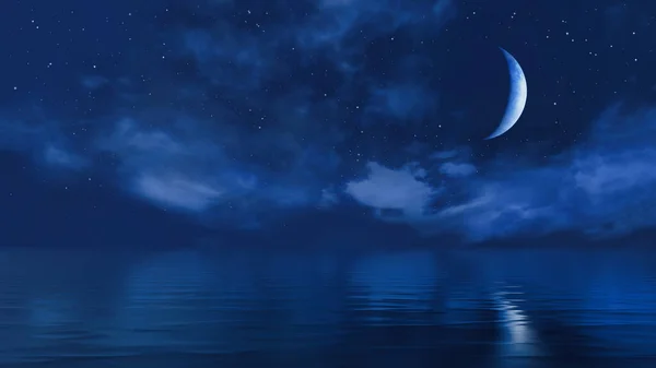 Dark starry night sky above calm ocean and fantastic big half moon shines at the mirror water surface. With no people simple natural background 3D illustration from my 3D rendering file.