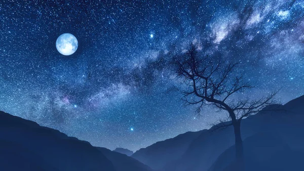 Fantástico Céu Estrelado Noite Com Estrelas Láctea Galáxia Grande Lua — Fotografia de Stock