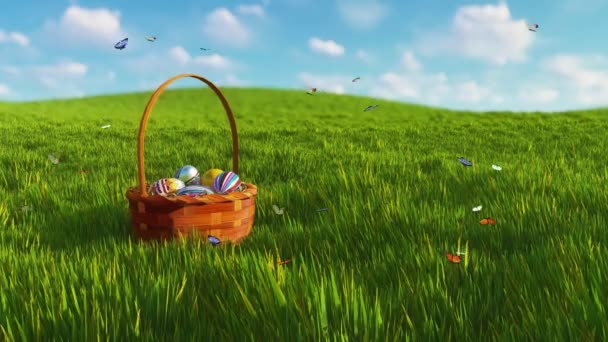在春日阳光灿烂的日子里 用色彩艳丽的东方彩蛋 在鲜绿的草地上 成群的蝴蝶在柳篮上飞舞 春时节装饰3D动画以4K渲染 — 图库视频影像