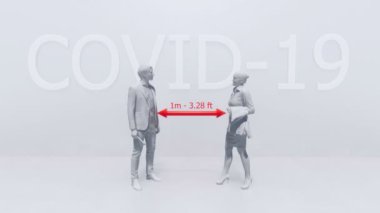 Önlem alma ve COVID-19 virüsü salgınında yakın temastan kaçınma grafiksel kavramı. Güvenli mesafeyi koruyan iki kişinin monokrom şematik tasviri. 4K içerisinde oluşturulan 3B canlandırma