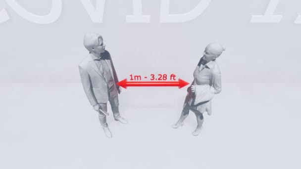 白い背景に安全な距離を保つ2人の抽象的な回路図表現 予防措置を講じ 4KでレンダリングされたCovid 19概念3Dアニメーションのパンデミックに近い接触を避ける — ストック動画