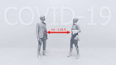 Önlem alma ve COVID-19 virüsü salgınında yakın temastan kaçınma grafiksel kavramı. Güvenli mesafeyi koruyan iki kişinin şematik temsili. 3D görüntüleme dosyamdan 3B illüstrasyon.