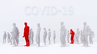 İki adam COVID-19 virüsüne yakalanmış ve beyaz arka planda tanınmayan soyut insanlar arasında yüksek ateş var. Coronavirus pandemik tema 3 boyutlu resimleme üzerine grafiksel konsept.