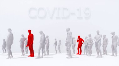 İki adam COVID-19 virüsüne yakalanmış ve beyaz arka planda tanınmayan insanlar arasında ısı yayıyor. Koronavirüs pandemik tema 3 boyutlu illüstrasyon tasarımı şeması.