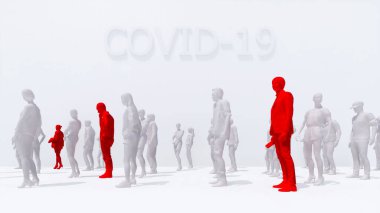 Tanımlanamayan soyut kalabalıklar arasında yüksek sıcaklıkta COVID-19 virüsü taşıyan insanların şematik bir temsili. Coronavirus pandemik tema 3 boyutlu resimleme üzerine grafiksel konsept.