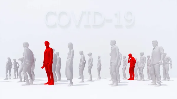 2人の男性がウイルスCovid 19に感染し 白い背景に抽象的な認識できない人々の群衆の間で高温になった コロナウイルスパンデミックをテーマにしたグラフィックコンセプト3Dイラストレンダリング — ストック写真