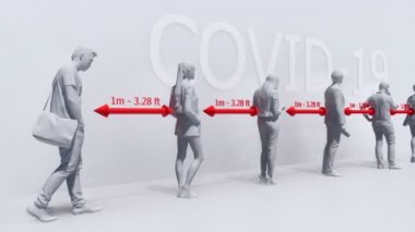 Önlem alma ve COVID-19 virüsü salgınında yakın temastan kaçınma grafiksel kavramı. Soyut tanımlanamayan kişilerin 4K 'da güvenli mesafeyi korumalarının tek renkli şematik 3D animasyonu