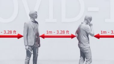 Tanımlanamayan insanlar sırada bekliyor ve beyaz arka planda güvenli mesafeyi koruyorlar. 4K 'da COVID-19 virüsü salgınında önlem almak ve yakın temastan kaçınmak.