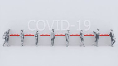 Tanımlanamayan insanların tek renkli şematik tasviri sırada bekliyor ve beyaz arka planda güvenli mesafeyi koruyor. COVID-19 virüs konsepti 3 boyutlu illüstrasyon salgınında önlem alınıyor.