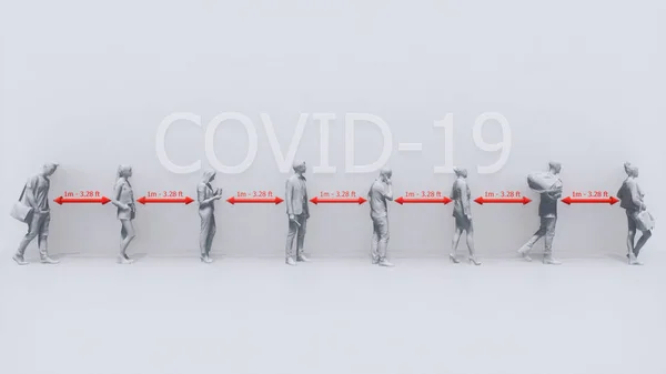 Monochrome schematic representation of unrecognizable people waiting in line and keeping safe distance on white background. Taking precautions in pandemic of COVID-19 virus concept 3D illustration.