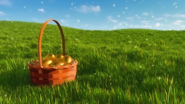 春の日に空を飛ぶ緑の草や魔法の妖精のホタルの光の中で鮮やかな金色の卵とイースターウィッカーバスケットの閉鎖 4Kでレンダリングされた装飾的な牧歌的な3Dアニメーション — ストック動画