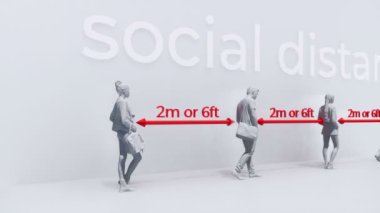 Soyut tanımlanamayan insanlar COVID-19 virüsü salgınında güvenli mesafeyi koruyorlar. Sosyal uzaklık konsepti 3D animasyonu ile 4K 'da verilen önlemler ve viral enfeksiyondan kaçınmak