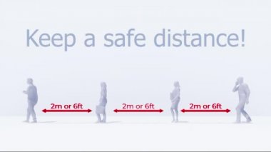 Soyut tanımlanamayan insanlar kuyrukta yürürken beyaz arka planda Coronavirus COVID-19 salgınında güvenli mesafeyi koruyorlar. 4K içerisinde verilen önlem ve sosyal uzaklık kavramının 3B animasyonu