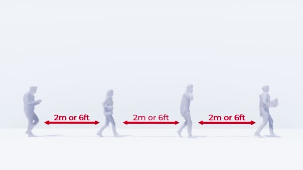 コピースペースの白い背景にCovid 19ウイルスのパンデミックでは 認識できない人々が列をなして歩き 社会的距離を保つシルエット 使用上の注意 4Kの3Dアニメーション — ストック動画