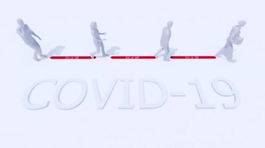 Soyut tanımlanamayan insanlar kuyrukta yürürken beyaz arka planda virüslü COVID 19 salgınında güvenli mesafeyi koruyorlar. 4K içerisinde verilen önlem ve sosyal uzaklık kavramının 3B animasyonu