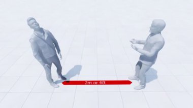 İki soyut tanımlanamayan adam konuşuyor ve virüsün COVID-19 salgınında güvenli mesafeyi koruyorlar. 4K içinde verilen tek renkli 3D animasyon önlem ve sosyal uzaklık kavramı alınıyor