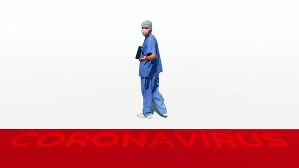 潜在的な患者を待っている保護マスクの認識できない男性医師の抽象的なグラフィックコンセプトと白い背景に手を貸す コロナウイルスの流行Covid 19テーマ3Dイラスト — ストック写真