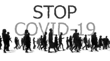 Tanımlanamayan yürüyen insanların siluetleri yavaş yavaş COVID-19 ve Beyaz arkaplanda Evde Kalın kelimeleriyle metne göre kayboluyor. Koronavirüs salgınında kendini izole etme kavramı 4K 'da 3 boyutlu animasyon