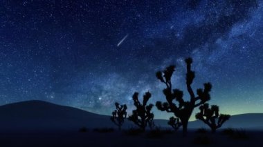 Karanlık Joshua ağacı siluetleriyle ıssız bir çöl manzarası Samanyolu galaksisi ve düşen yıldızlar ve meteorlarla muhteşem yıldızlı gece gökyüzüne karşı. 4K 'da yapılmış hiç bir insan gerçekçi 3D animasyonu olmadan