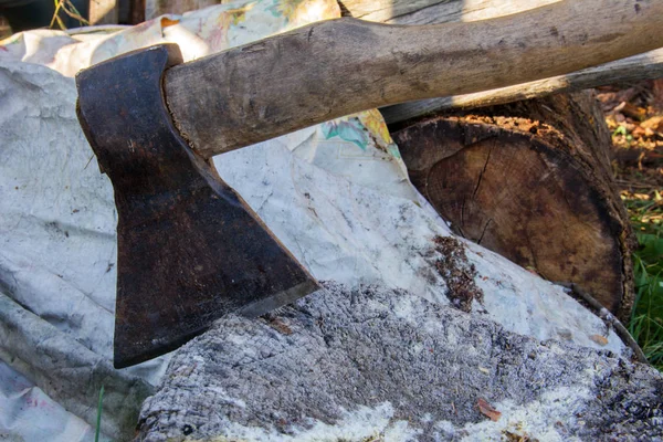 Um velho machado de ferro enferrujado preso no tronco, cortando madeira, colhendo madeira para o inverno para aquecimento . — Fotografia de Stock