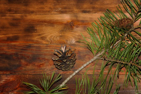 Christmas Fir tree green branches and pine cones on dark wooden rustic background. Happy New Year decoration. Copy space — Stock Photo, Image