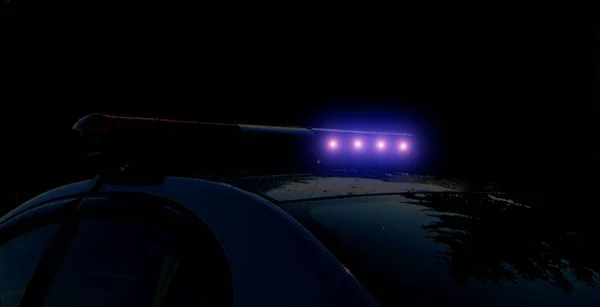 Blurred defocused silhouette of road police patrol car on the street of city at night. Flashing blue police car led lights in night time. The roof-mounted lightbar alarm emergency lighting siren in da