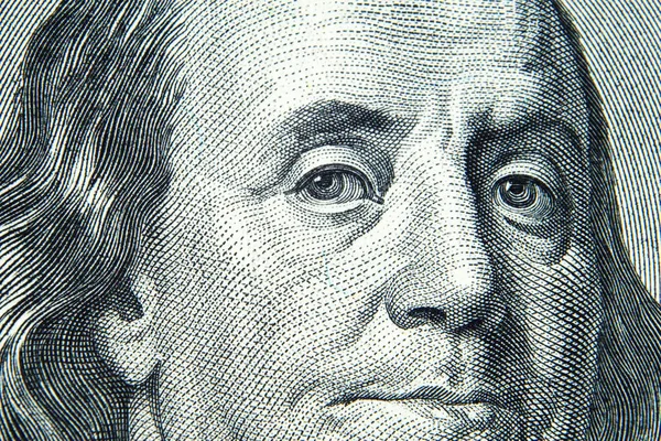 Close up view of 100 dollar banknote. US President Benjamin Franklin's portrait on one hundred dollar bill. American Dollars Cash Money. — Stock Photo, Image