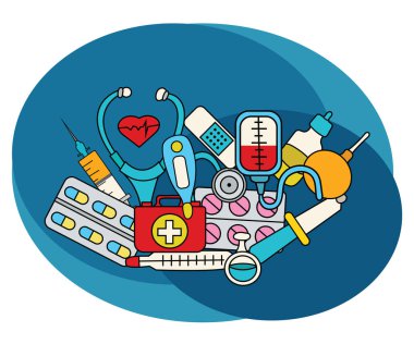 Tıp tasarım kümesi. Çizgi film serbest el çizmek doodle.