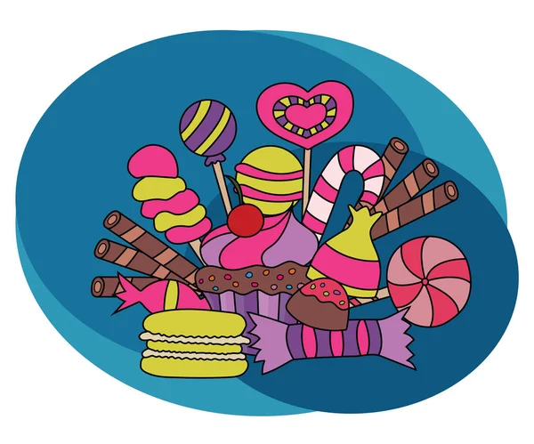 Conjunto de diseño de dulces y dulces. Dibujos animados mano libre dibujar garabato . — Archivo Imágenes Vectoriales