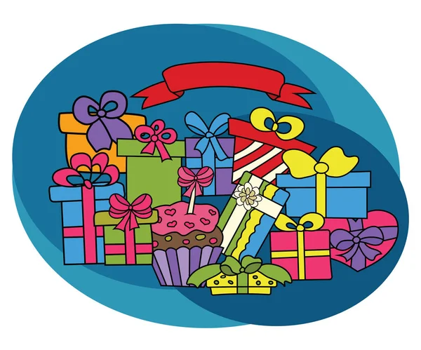 Caixas de presente de Natal conjunto de design. Desenhos animados mão livre desenhar doodle . —  Vetores de Stock
