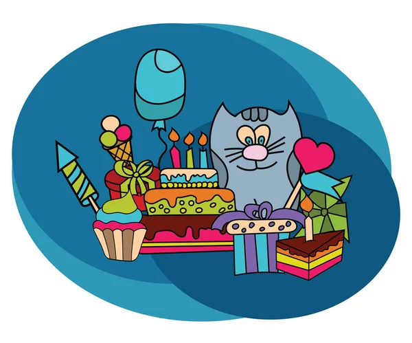 Conjunto de diseño de cumpleaños. Dibujos animados mano libre dibujar garabato . — Vector de stock