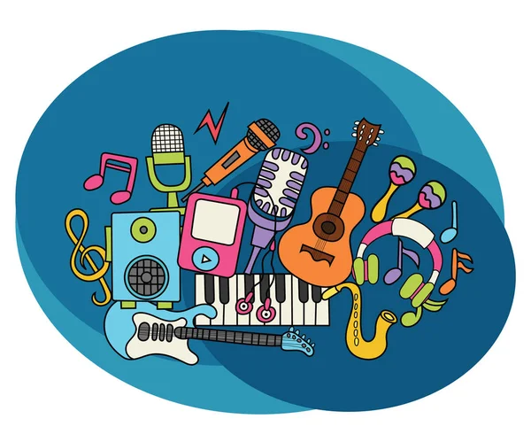 Müzik tasarım kümesi. Çizgi film serbest el çizmek doodle.