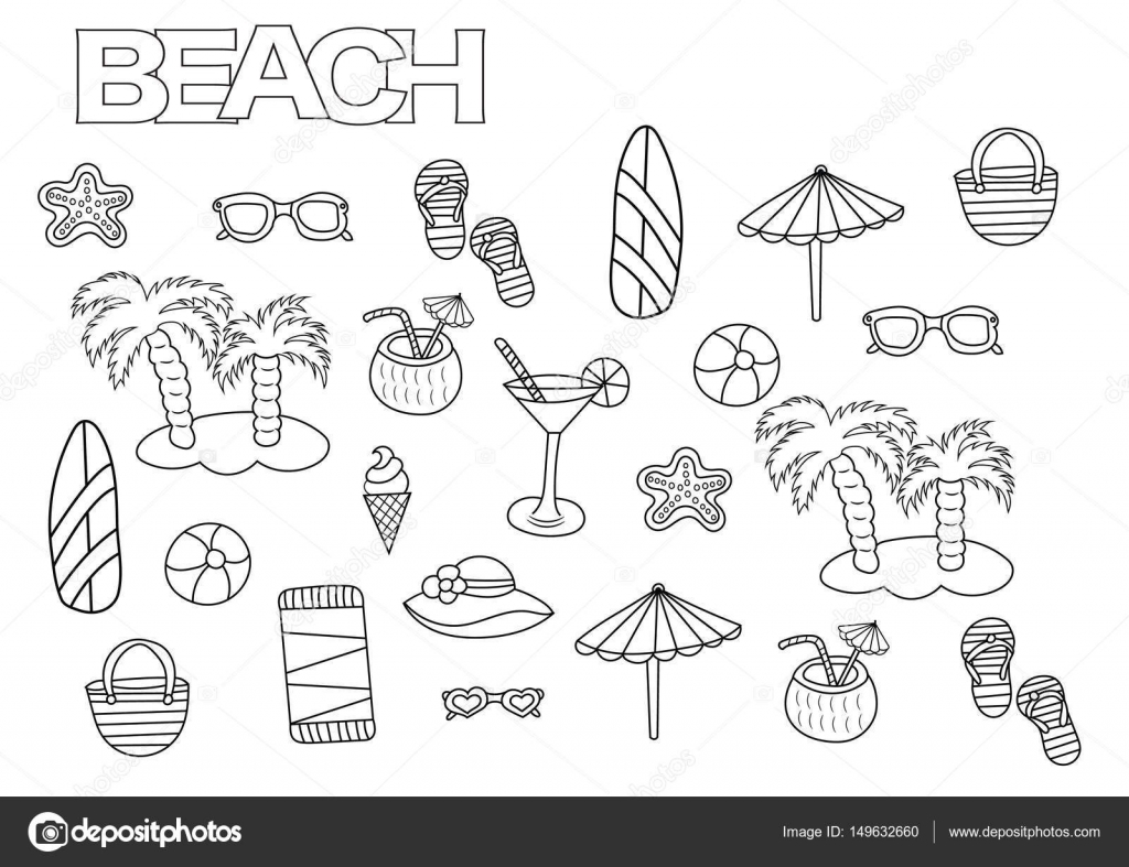 Hand Getrokken Strand Set Kleurplaat Boek Paginasjabloon Overzicht