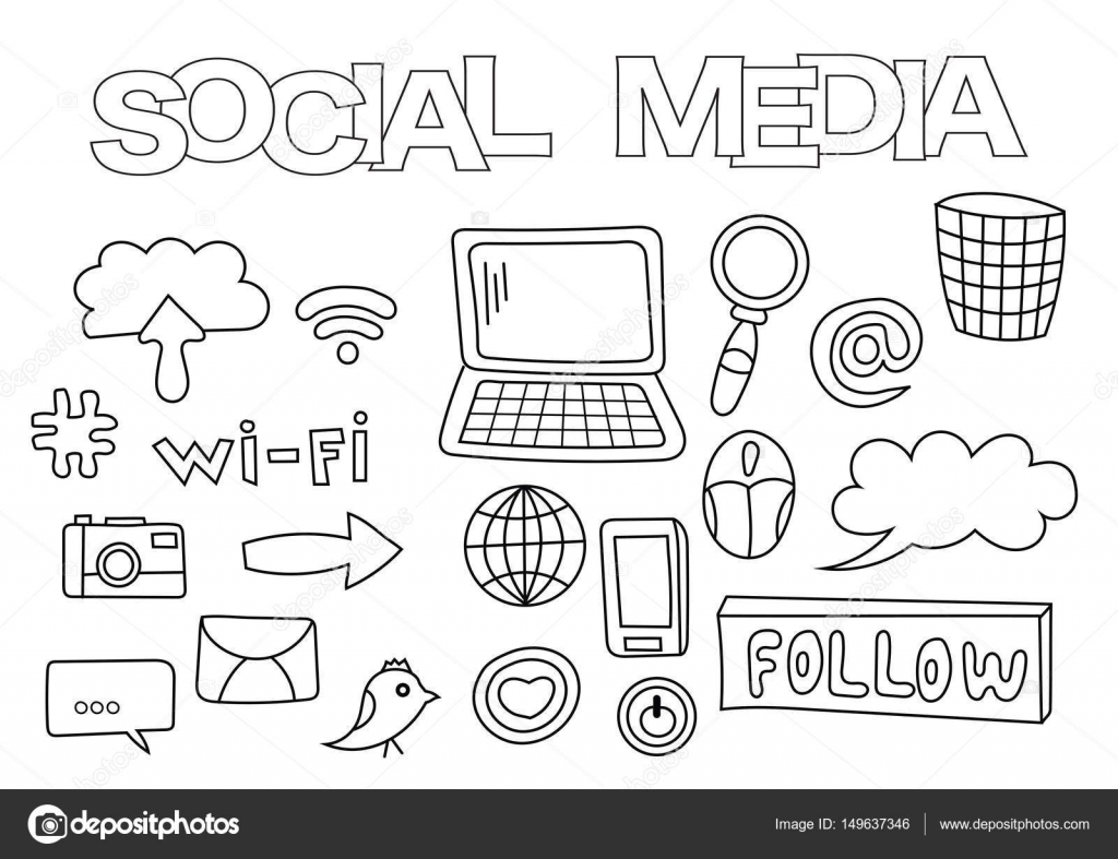 Sociale Media Elementen Hand Getekende Set Kleurplaat Boek Sjabloon