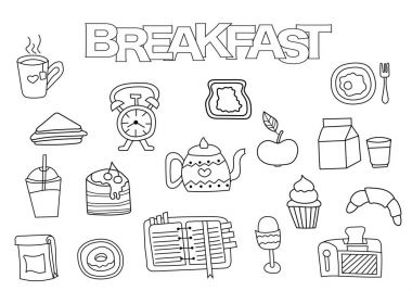Elle çizilmiş kahvaltı seti. Boyama kitabı şablonu. Anahat doodle