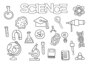 Bilim öğeleri çizilmiş seti ver. Boyama kitabı şablonu. Anahat doodle