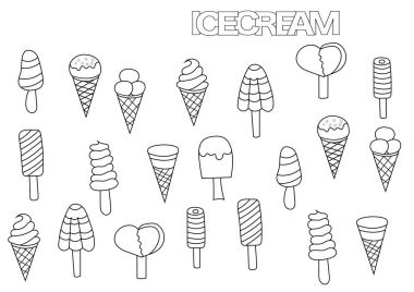 Elle çizilmiş dondurma seti. Boyama kitabı sayfası şablonu. Anahat doodle