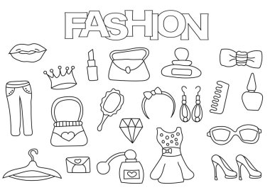 Moda elemanları çizilmiş seti ver. Boyama kitabı şablonu. Anahat doodle
