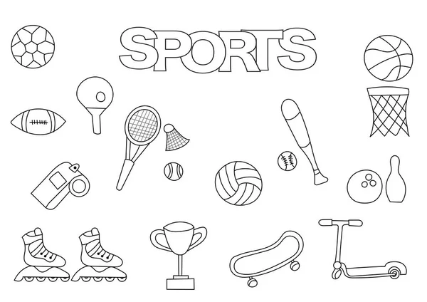 Set sportivo disegnato a mano. Modello di libro da colorare. Schema scarabocchiare — Vettoriale Stock