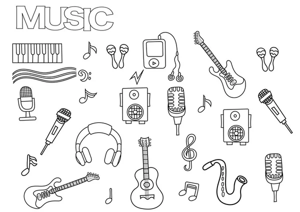 Elle çizilmiş müzik seti. Boyama kitabı sayfası şablonu. Anahat doodle