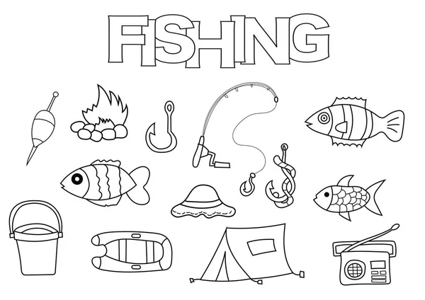 Elementos de pesca conjunto dibujado a mano. Plantilla para colorear libro. Esquema garabato — Archivo Imágenes Vectoriales