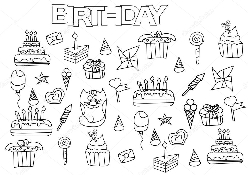 Hand drawn birthday set. Coloring book page template.  Outline doodle